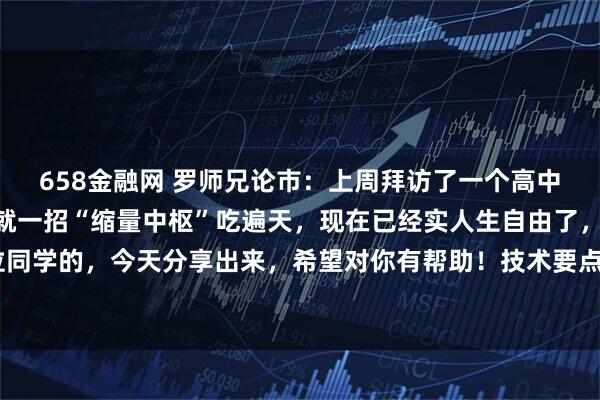 658金融网 罗师兄论市：上周拜访了一个高中同学，炒股10年了，就一招“缩量中枢”吃遍天，现在已经实人生自由了，还挺佩服这位同学的，今天分享出来，希望对你有帮助！技术要点解析：1该形态通常是主力洗盘蓄势的过